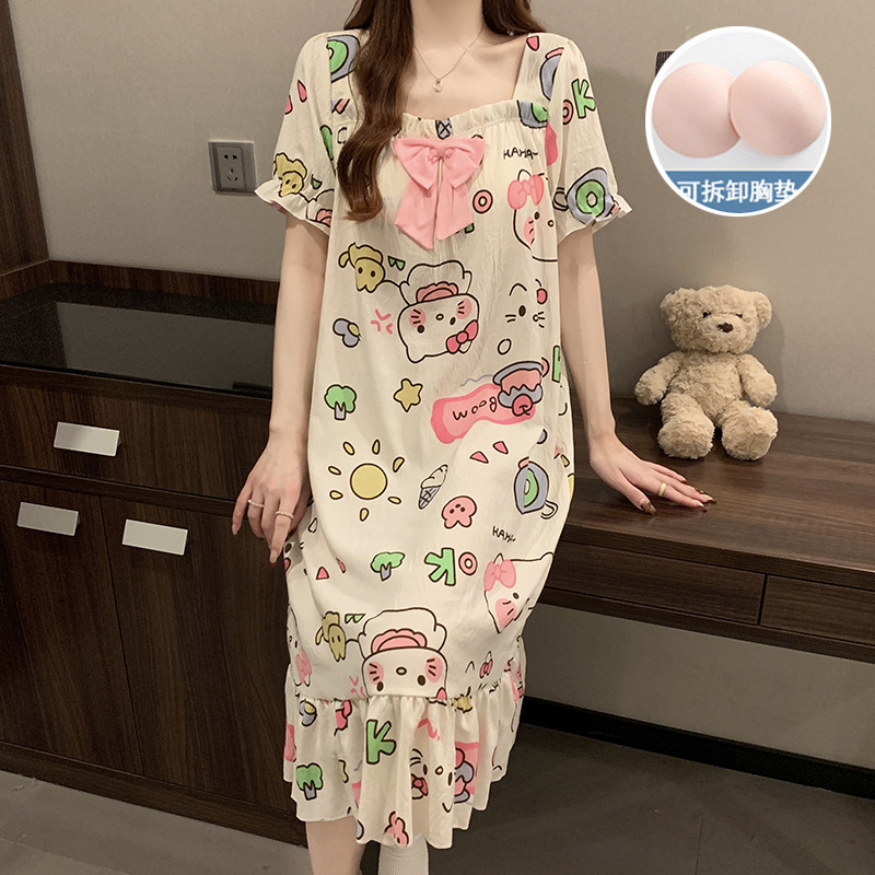 2025 verano nuevo hogar ropa de mangas cortas pijama de niñas cuello cuadrado de encaje dulce nube de algodón cojín de pecho pijama