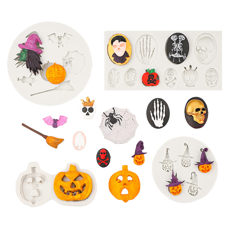 Pastel de Halloween Molde de silicona Calavera Calavera Calabaza Red de araña Sombrero de mago Funda de decoración de pastel de chocolate con fondant
