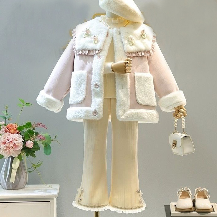 Mergaičių žieminis kostiumas mergaičių kailiukas viename korpuse plius vilnos storos paltinės kelnaitės dviejų dalių komplektas_voghion.com