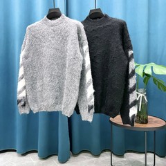 美潮off white新款OW马海毛圆领针织衫男女情侣百搭宽松学院毛衣