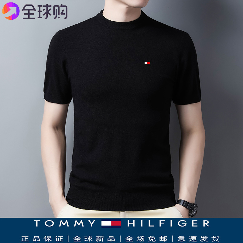 genuine goods American Tommy Short-sleeved T-shirt Men's Young and Middle-aged Autumn and Winter Casual Crewneck Knitted Sweater Base Shirt Trendy