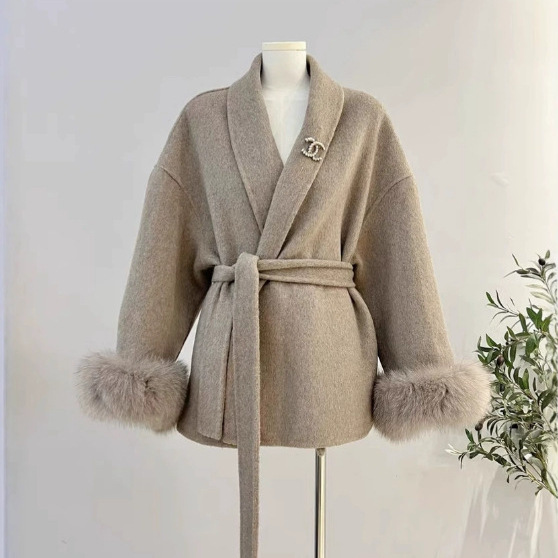 2025 Fox Fur Double-Sided Wool Coat Women's Short Coat Elegant Robe Style Double-Sided Woolen Coat Cross-Border