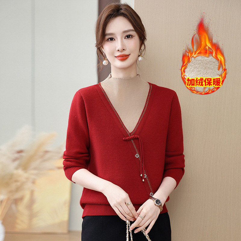 费尔岛毛衣中老年母亲衣服气质加绒加厚保暖中年妈妈装冬装毛衣，女装针织衫/毛衣，妃慕昵服饰