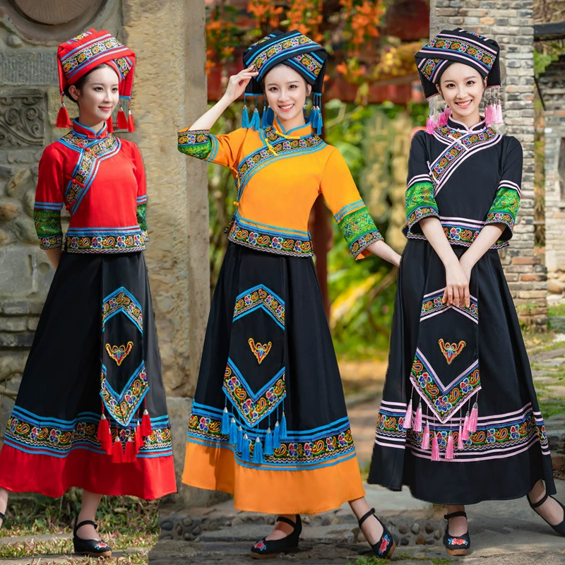 Гуанси Чжуан традиционный костюм женский костюм для танца меньшинства костюм для выступления Туцзя Яо костюм для выступления длинное платье