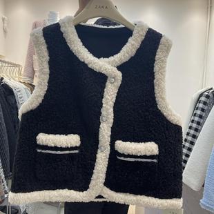 Chanel-Style One-Piece Lamb Wool Vest for Women, New Autumn and Winter Korean Version, Petite Patchwork Vest Jacket Top