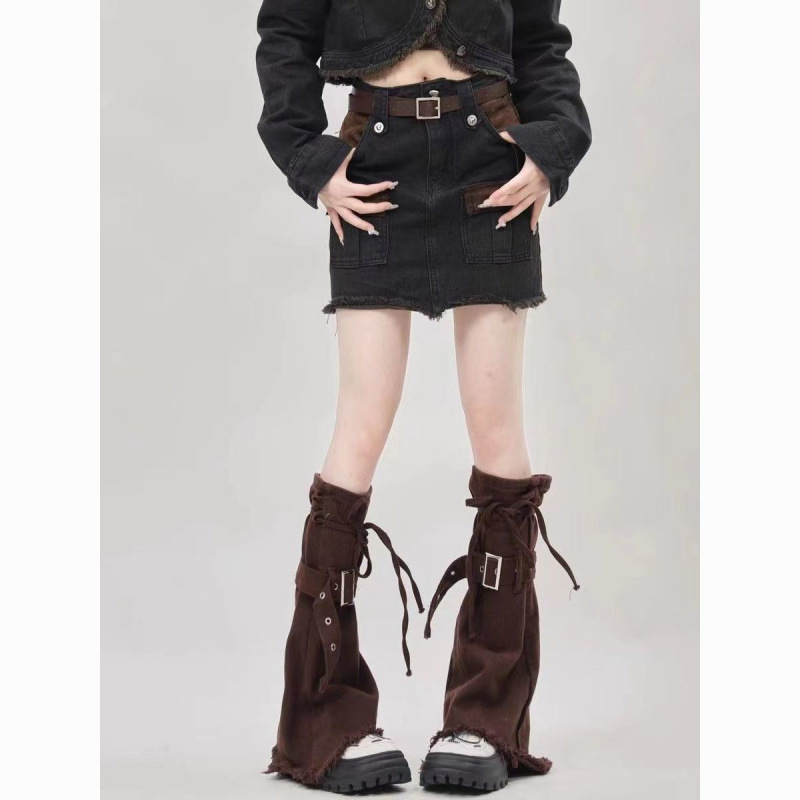 American Retro Spicy Girl Brown Denim Leg Warmers Versatile Floor-Length Slouch Socks Wasteland Style Mid-Calf Socks