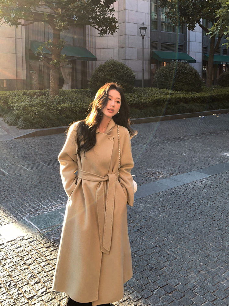 25 otoño y invierno nuevo abrigo de cachemir de doble cara mujer larga correa suelta 100% lana australiana abrigo temperamento