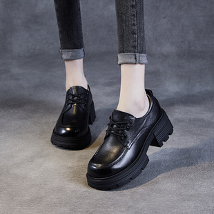 First layer cowhide thick-soled small leather shoes genuine leather British height-increasing Oxford shoes 2024 spring new black lace-up loafers