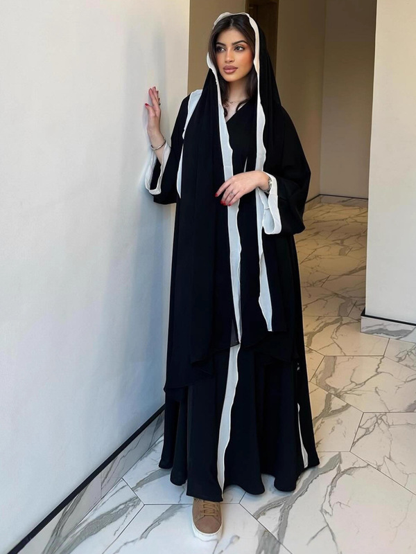 中东阿拉伯长袍头巾+开衫两件套花边优雅奢华女装外贸（带头巾）|undefined