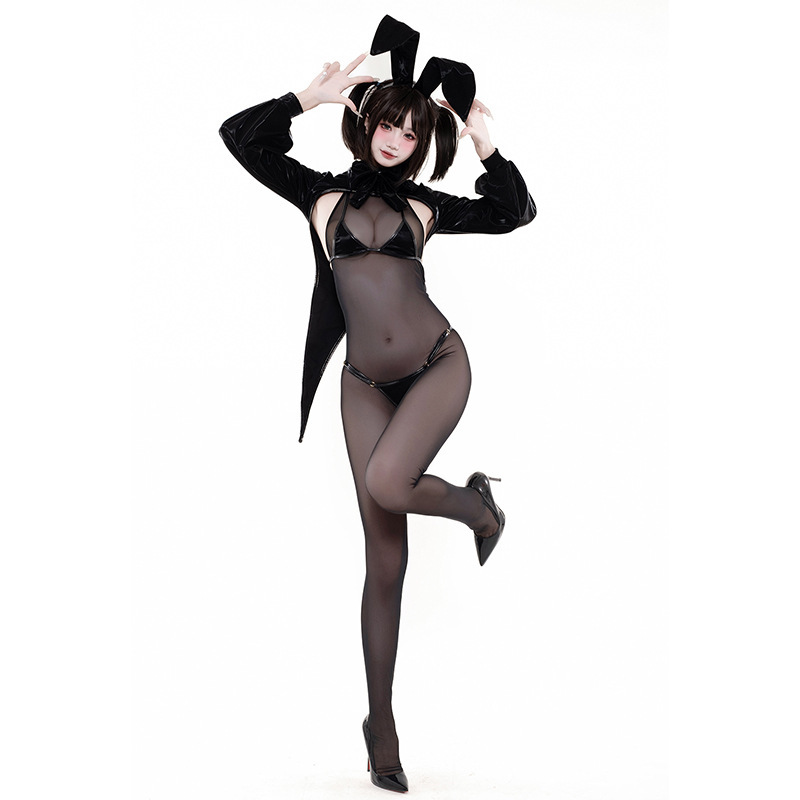 Original Streamer Leather Bunny Sexy Temptation Underwear Halloween suit Black Hair Band Tuxedo jumpsuit
