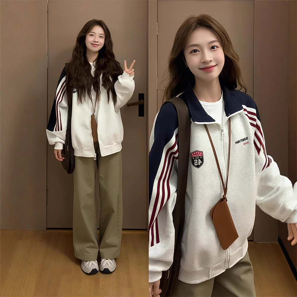 美式复古撞色拉链外套男女秋冬加绒加厚宽松慵懒风棒球服开衫卫衣