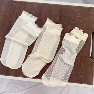 Summer Thin Ice Silk Women's Socks Lolita Princess Fairy Pile Socks Cute Lace Polka Dot Stockings Summer Stockings