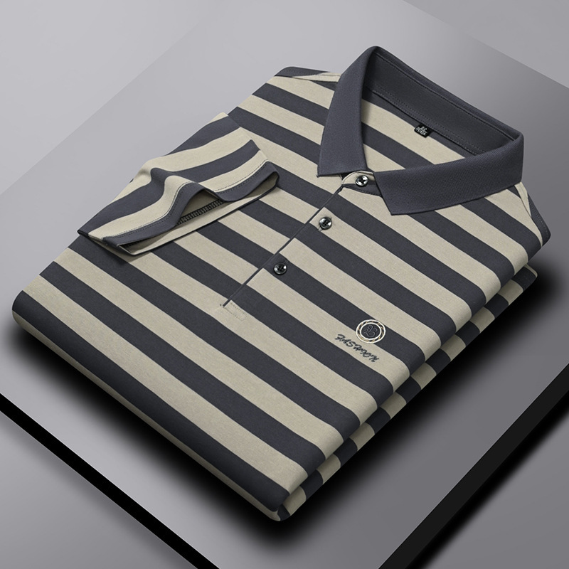 Ali Tiger Men's Summer Short-sleeved T-shirt Men's Classic Embroidery Loose Cool Clothes Lapel Striped Polo Shirt for Men