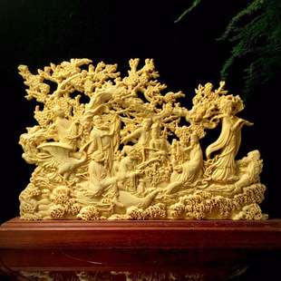 Boxwood wood carving Eight Immortals Crossing the Sea hollow fine carving decoration desk living room home antique shelf decoration craft