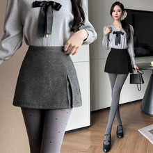 2025开叉毛呢短裙女秋冬款高腰包臀半身裙防走光裙裤
