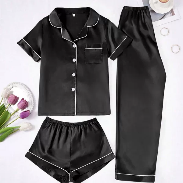 Cross-Border Trade Satin Summer Pajamas Solid Color Cardigan Lapel Short-Sleeved Long Pants Glossy Women's Loungewear Set French Style