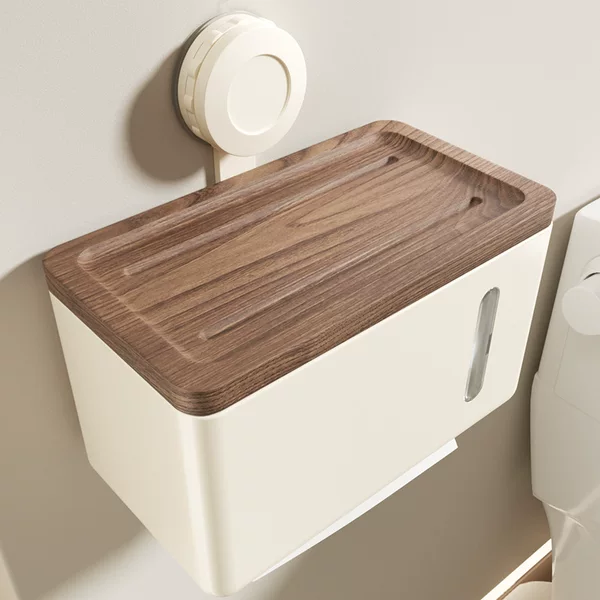 Walnut Suction Cup Bathroom Tissue Box Toilet Paper Holder Waterproof Storage for Toilet Paper Rolls