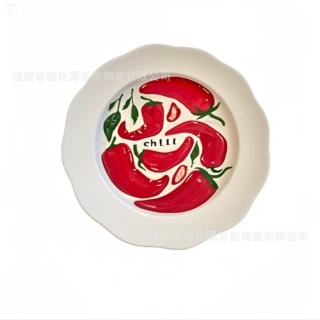 定制花边陶瓷辣椒盘外贸出口欧美辣椒图案水果沙拉盘甜品开胃菜盘