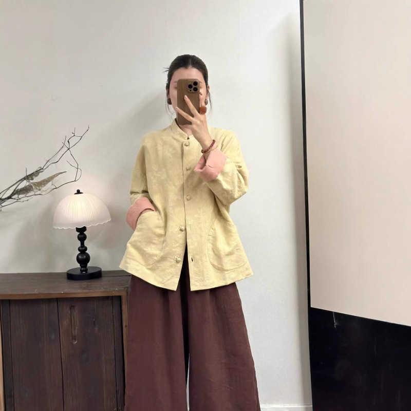 新品提花亚麻手工盘扣外套 双层文艺气质款上衣|undefined