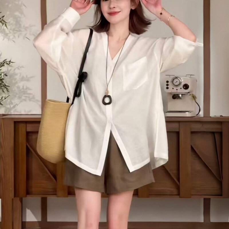 Lace Patchwork V-Neck Long Sleeve Sun Protection Shirt for Women, Summer 2026 New Casual Loose Versatile Thin Blouse for Outerwear Lace Patchwork V-Neck Long Sleeve Sun Protection Shirt for Women, Summer 2026 New Casual Loose Versatile Thin Blouse for Outerwear