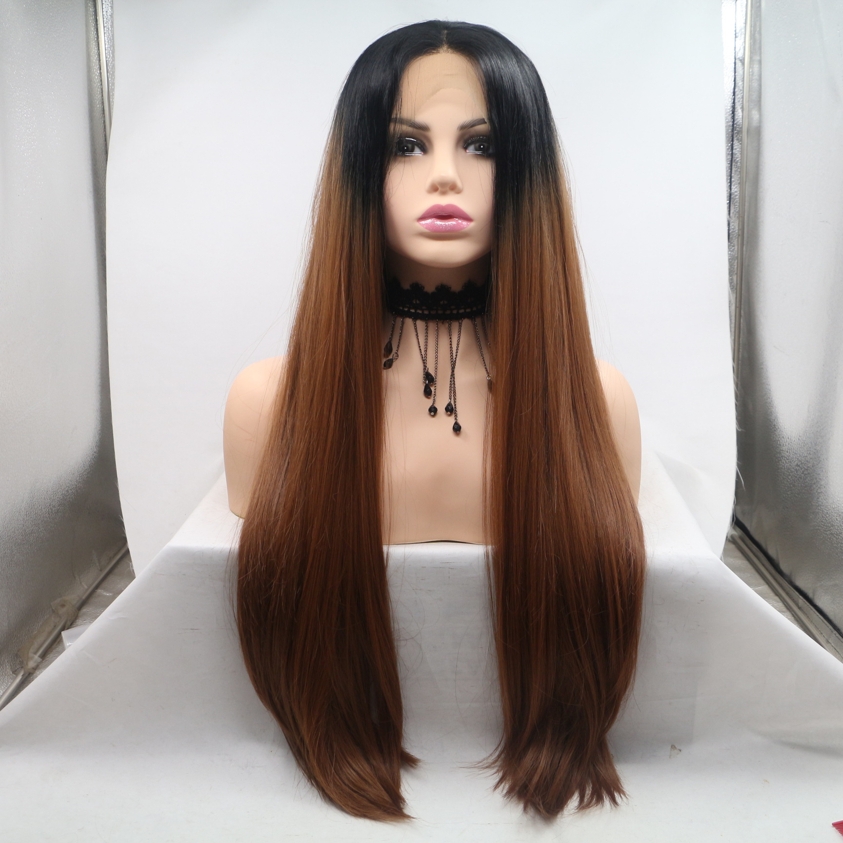 NEW LOOK teñido peluca comercio exterior damas europeas y americanas cabello recto negro marrón gradiente fibra de peluca