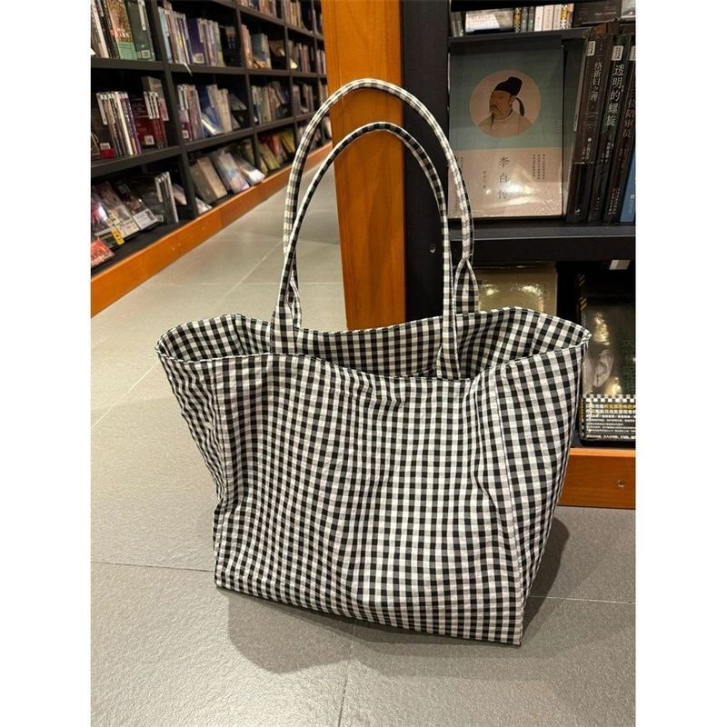 Korean Style Lazy Style Black and White Plaid Handbag Women's Normcore Style Large Capacity Tote Bag Work Clothing Versatile Shoulder Bag
