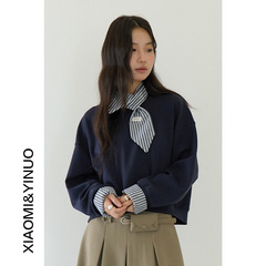 【华尔兹学院派】欧凡拼接格子长袖卫衣女+格纹领巾两件套装 3193