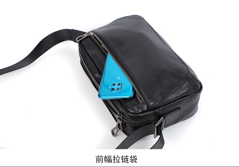 Túi đeo chéo nam da bò lớp đầu, túi đeo vai nhỏ đựng máy tính bảng 8 inch — Màu đen chi tiết 6