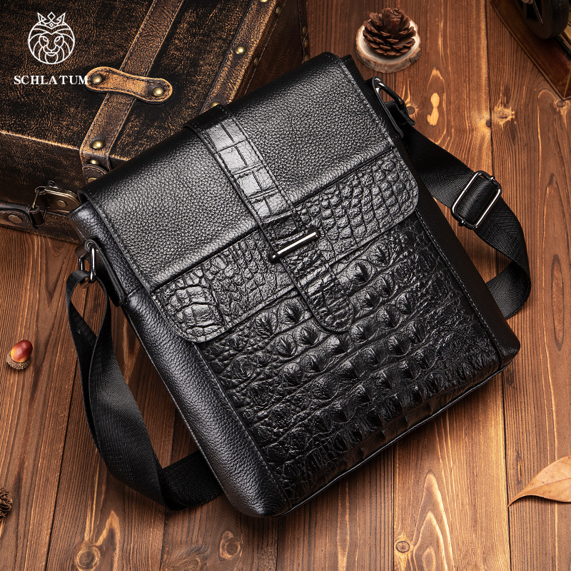 Túi đeo chéo nam da bò lớp đầu vân cá sấu phong cách retro — Màu Đen (không có logo)