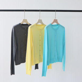Thirteen Line High-grade Candy Color Knitted Cardigan Spring and Summer New Lyocell Tencel Round Neck Casual Top