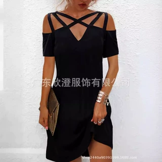 现货外贸亚马逊Shopify独立站爆款露肩小黑裙性感交叉带连衣裙