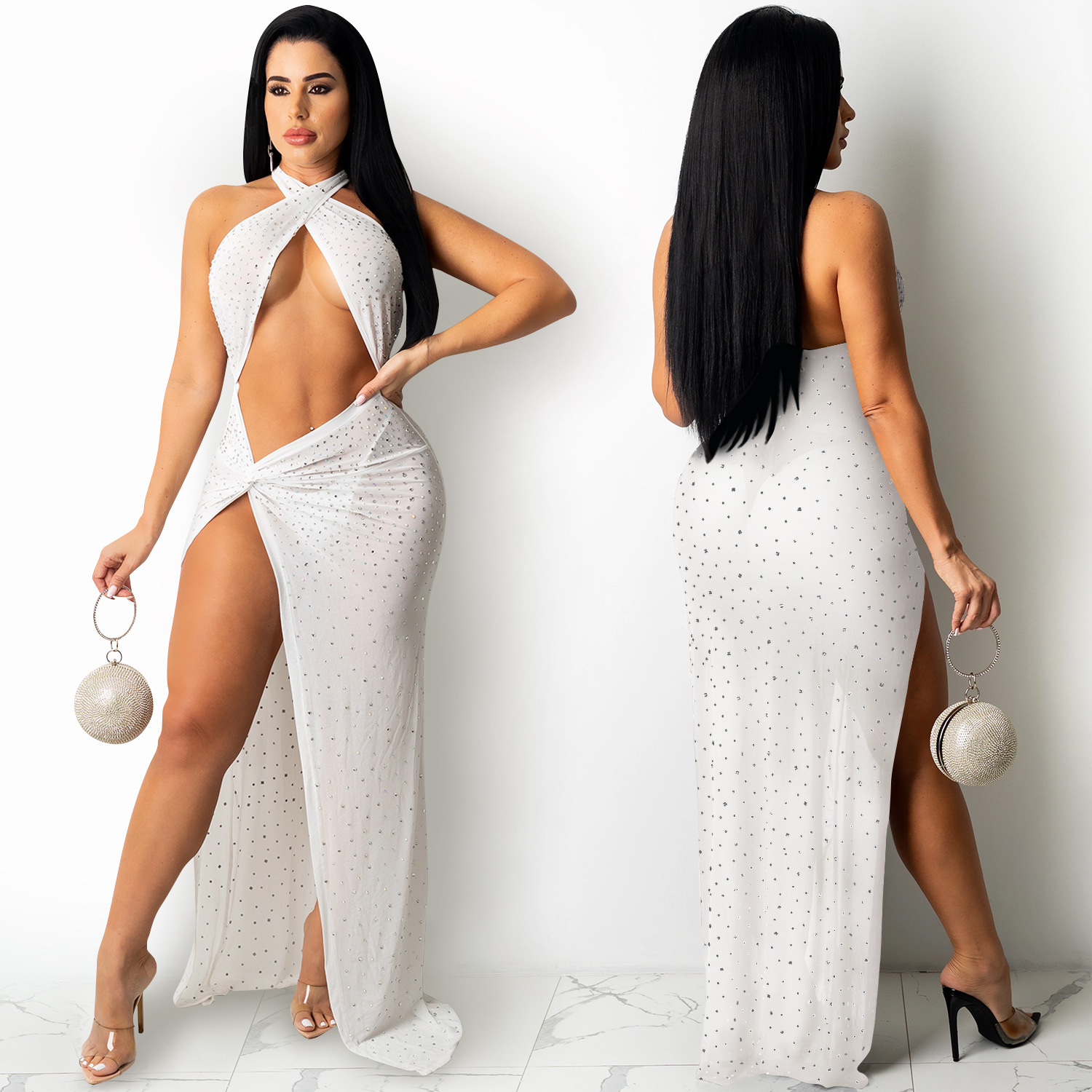 X5326 transfronterizo europeo y americano nuevo club nocturno sexy rhinestone diamante incrustado malla ver-a través de las mujeres envuelto pecho partido vestido image 4