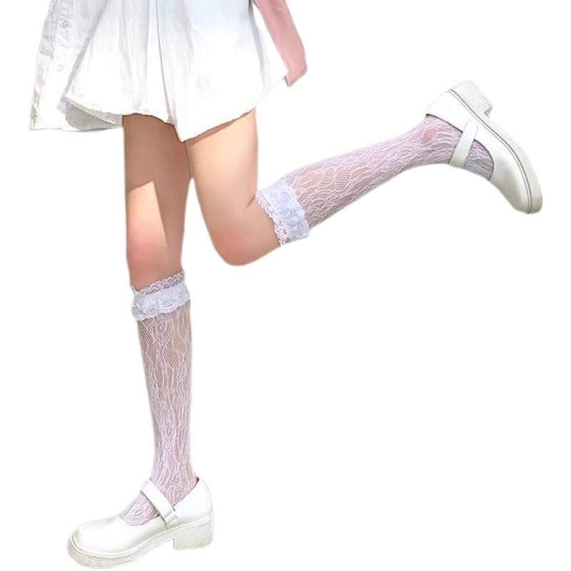 En stock blanco Lolita encaje Lolita calcetines de becerro de mujer calcetines de media pantorrilla JK encaje largo medias japonesas