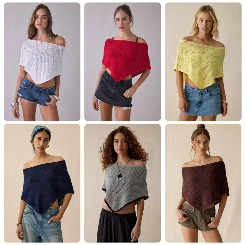 Hollow-Out Thick-Knit Short Top with Off-Shoulder Neckline, Loose Fit, Dropped Shoulders, Short Sleeves, and Triangular Hem