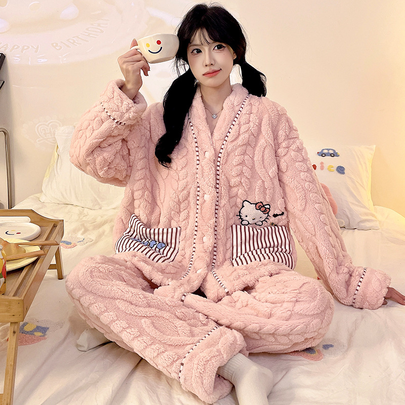 韩版珊瑚绒睡衣女提花绒加厚加绒开衫法兰绒韩版少女18岁家居服冬