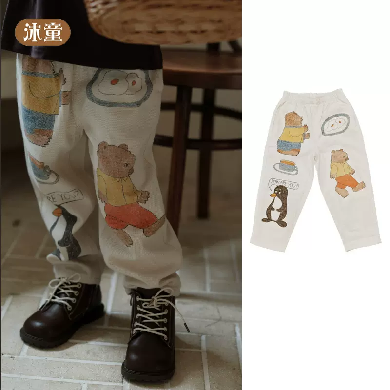 跨境童装秋冬新款儿童裤子2025男女童洋气卡通印花休闲直筒裤卫裤