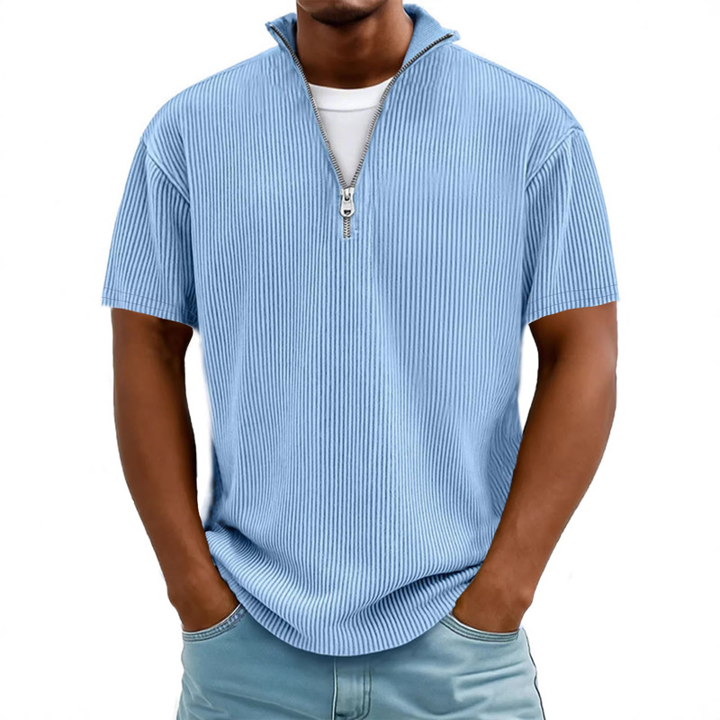 2026 Spring and Summer Amazon New Men's Clothing European and American Style Stand-Up Collar Zipper Corduroy Short-Sleeved Cross-Border Polo Shirt T-Shirt for Men 2026 Spring and Summer Amazon New Men's Clothing European and American Style Stand-Up Collar Zipper Corduroy Short-Sleeved Cross-Border Polo Shirt T-Shirt for Men