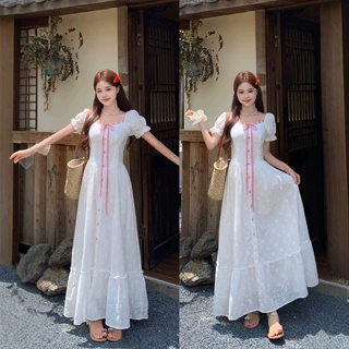 大码女装胖妹妹夏季红白撞色镂空刺绣小花长裙收腰显瘦连衣裙