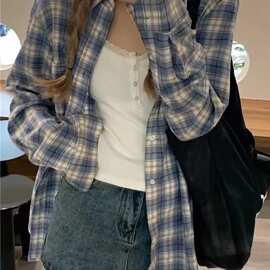 Brandy美式复古宽松格子衬衫女春夏新品bm做旧古着衬衣长袖外套潮