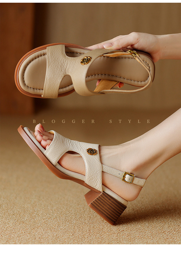Sandal hở ngón da cừu gót thô đầu vuông quai ngang kiểu La Mã — Màu trắng be chi tiết 10