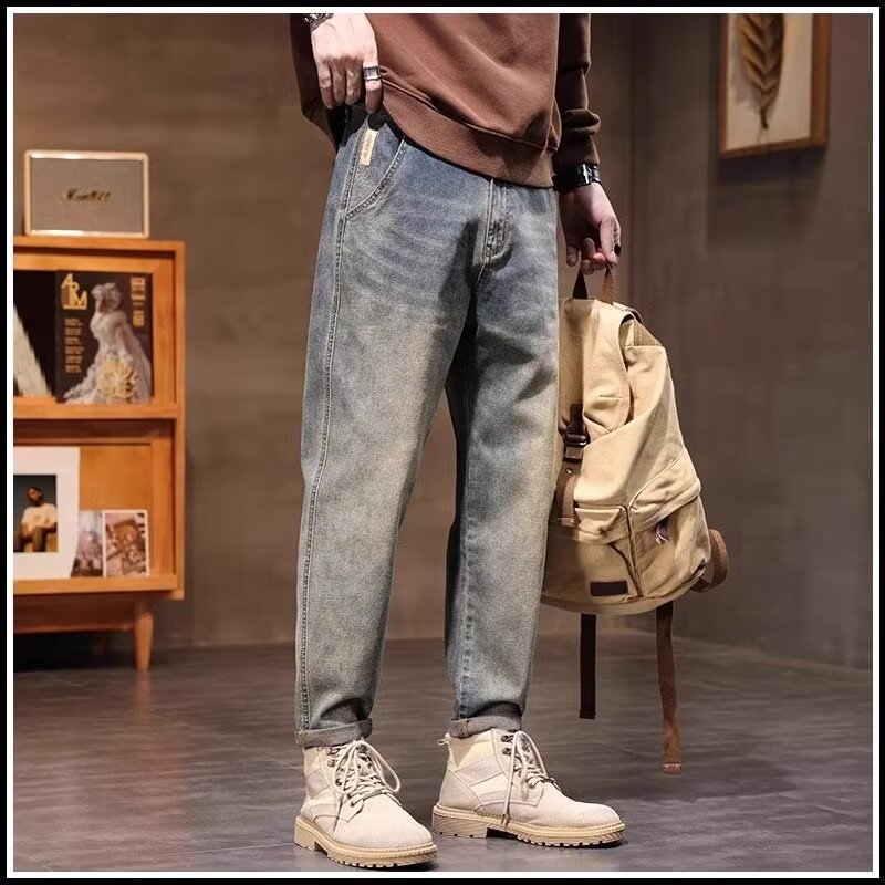 2024 otoño nuevos hombres estilo americano retro lavado de pierna ancha jeans-escalera amarilla-N929-T032-P45