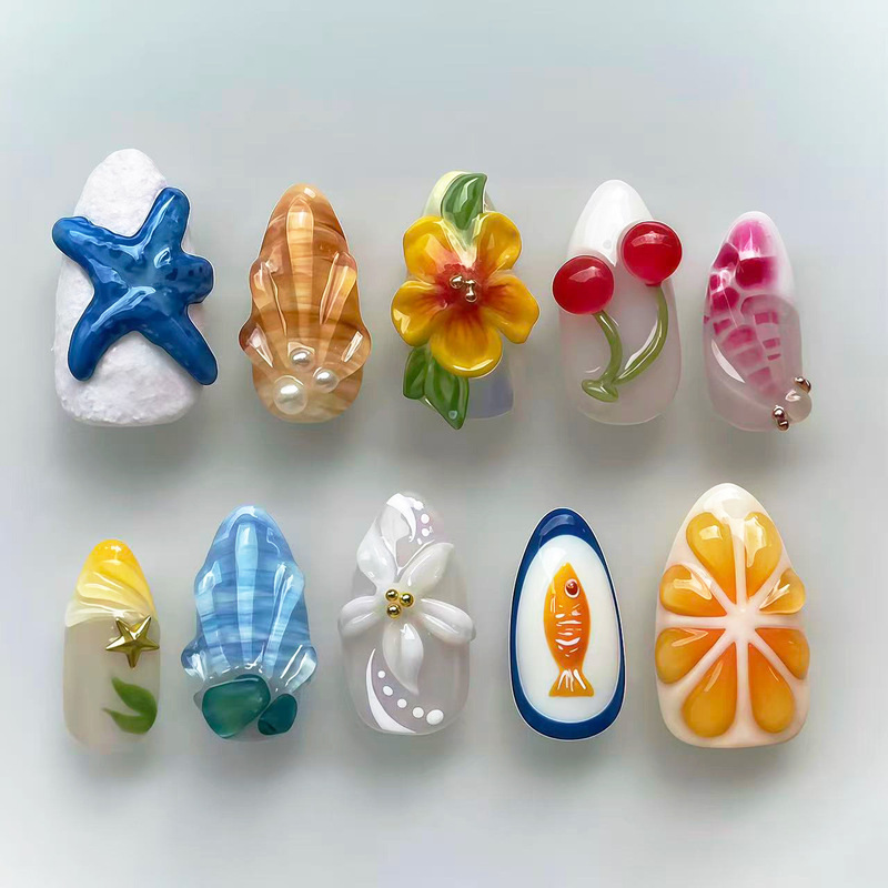 3D shell island resort style ultra-short almond press-on nails ins cross-border European and American French hot girl nail patches 3D shell island resort style ultra-short almond press-on nails ins cross-border European and American French hot girl nail patches