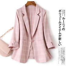 薄款七分袖格子西装女春夏季网红粉色薄款韩版小个子短外套西服潮