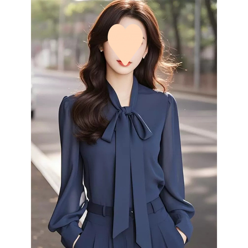 ブルーシフォンスーツ秋の女性の 2025 新しいファッションハイエンドボウトップワイドレッグパンツ 2 点セット|undefined