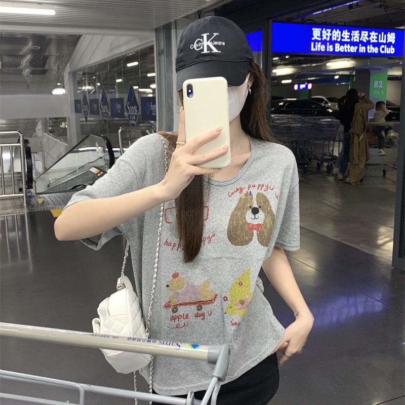 Summer 2026 Dog Print U-Neck Short-Sleeve T-Shirt for Women, Thin and Youthful, Casual and Lazy Style Inner Wear Top