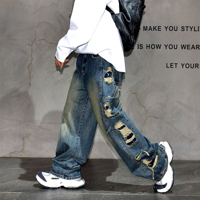 2024 Autumn High-Waisted Washed Side Ripped Wide-Leg Slimming Vintage Look Jeans