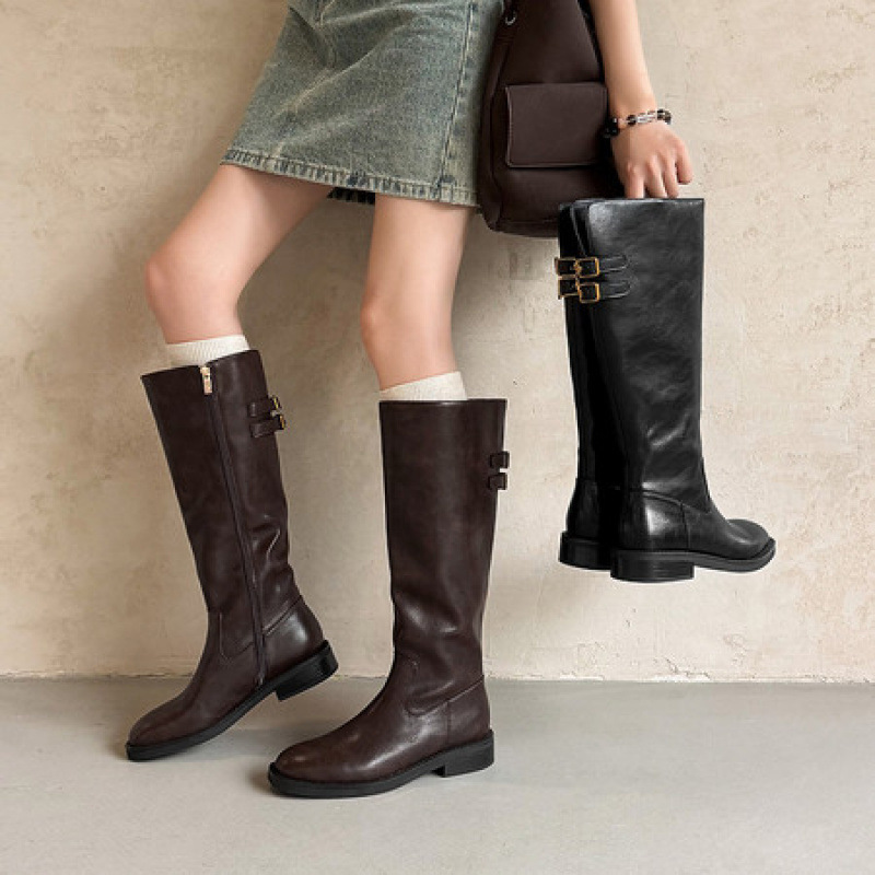 Makes your legs look incredibly long! Retro round-toe, side-zip, wide-leg, chunky-heeled, high-tube, wide-calf brown long boots for women
