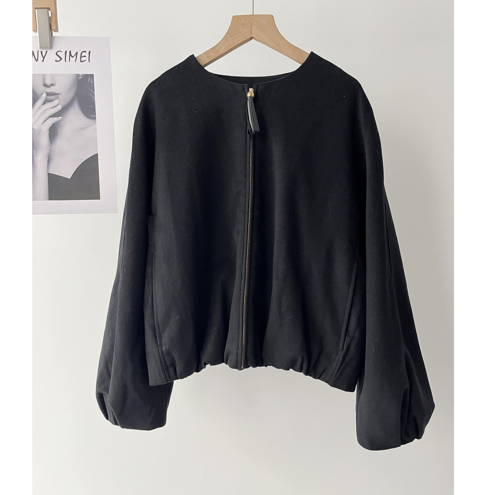 In Stock, Women's Clothing 2025 Autum New Black Double-Sided Woolen Puff Sleeves Simple Casual Short Jacket