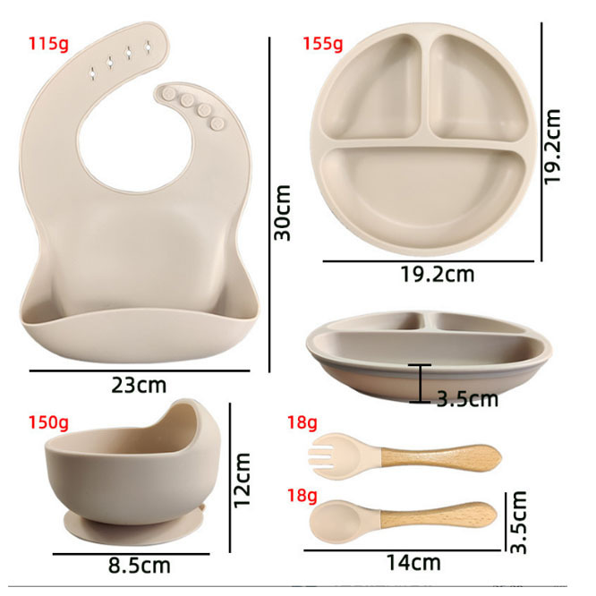 Venta caliente transfronteriza promoción precio bajo suplemento alimenticio de silicona para niños plato tazón tenedor cuchara babero seis piezas vajilla certificación completa