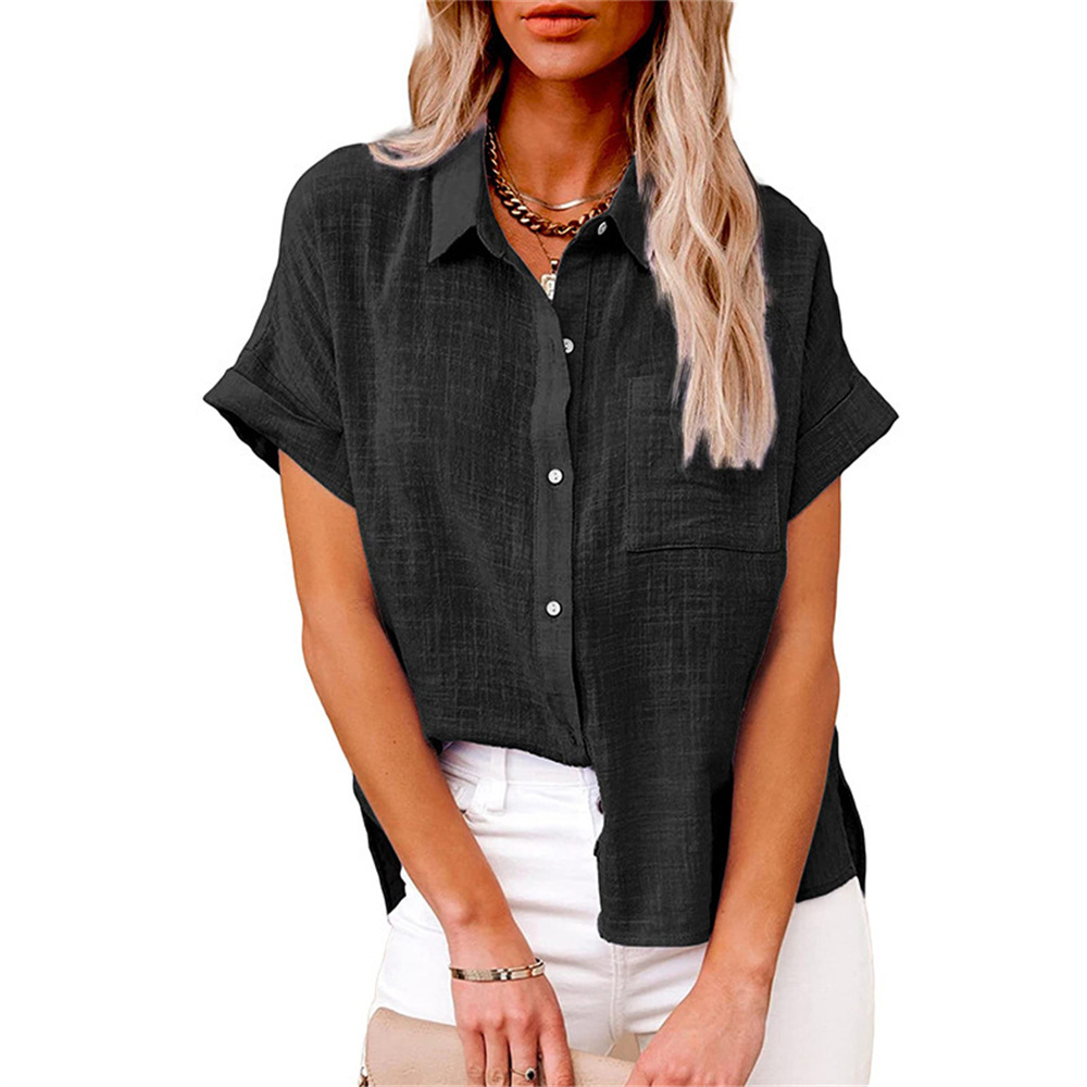 Women's Cotton Linen Short Sleeve Shirt With Pocket Spring/Summer Top For Commuter And Casual Wear_ecoleips.com